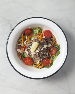 Straccetti di manzo con spuma di melanzane